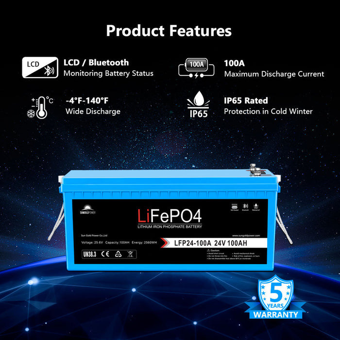 SunGoldPower 4 X 24V 100Ah LiFePo4 Deep Cycle Lithium Battery Bluetooth / Self-Heating / IP65