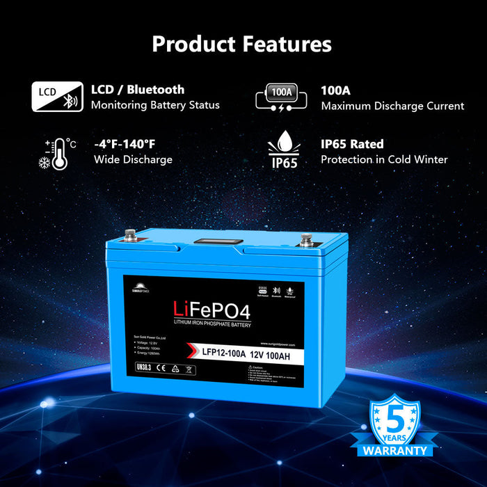 SunGoldPower 4 X 12V 100AH LiFePO4 Deep Cycle Lithium Battery / Bluetooth /Self-heating / IP65