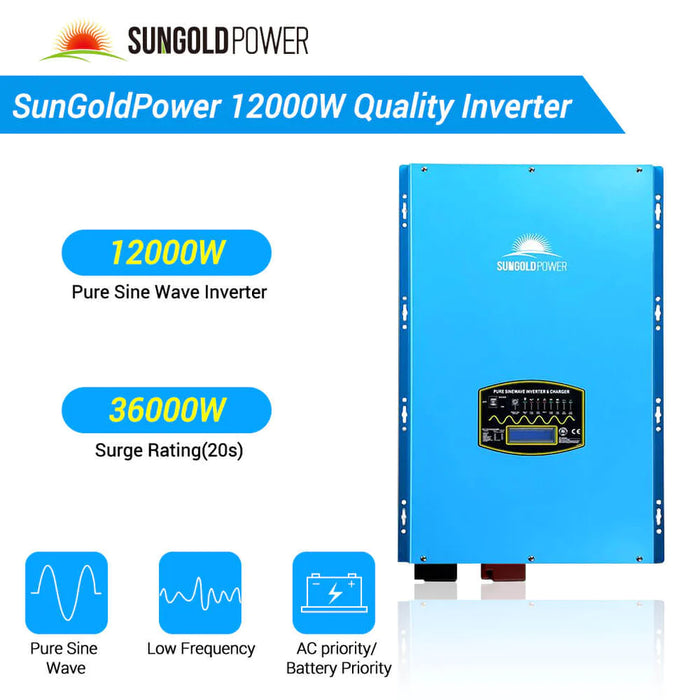 SunGoldPower Complete Off Grid Solar Kit 12000W 48V 120V/240V Output 10.24KWH Lithium Battery 5400 Watt Solar Panel