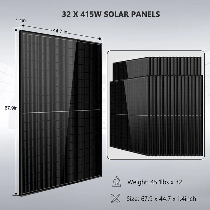 SunGoldPower Off Grid Solar Kit 16KW 48VDC 120V/240V LIFEPO4 25.6KWH Lithium Battery 32 X 415 Watts Solar Panels SGR-16K25E
