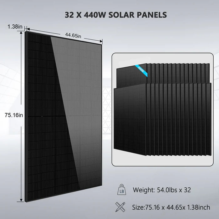 SunGoldPower Off Grid Solar Kit 20KW 48VDC 120V/240V LIFEPO4 30.72KWH Lithium Battery 32 X 440 Watts Solar Panels SGR-20K30E