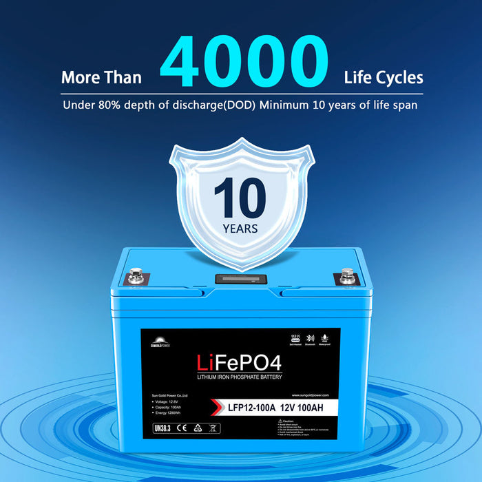 SunGoldPower 12V 100AH LiFePO4 Deep Cycle Lithium Battery / Bluetooth /Self-heating / IP65
