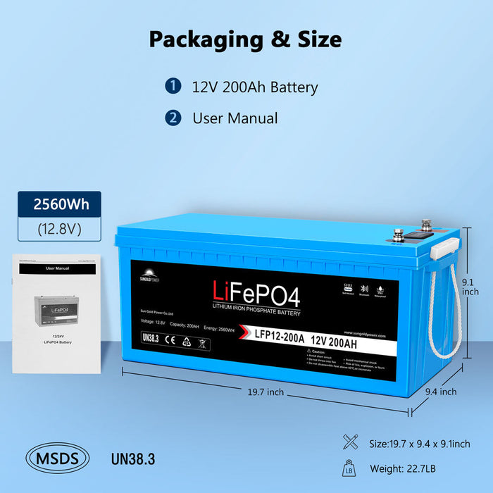 SunGoldPower 4 X 12V 200Ah LiFePo4 Deep Cycle Lithium Battery Bluetooth / Self-Heating / IP65