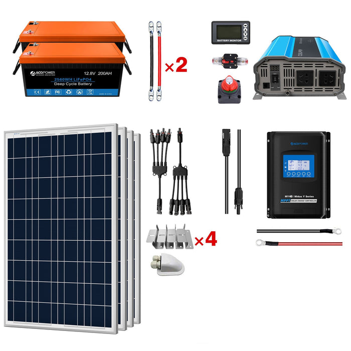 ACOPOWER Lithium Battery Poly Solar Power Complete System with Battery and Inverter for RV Boat 12V Off Grid Kit