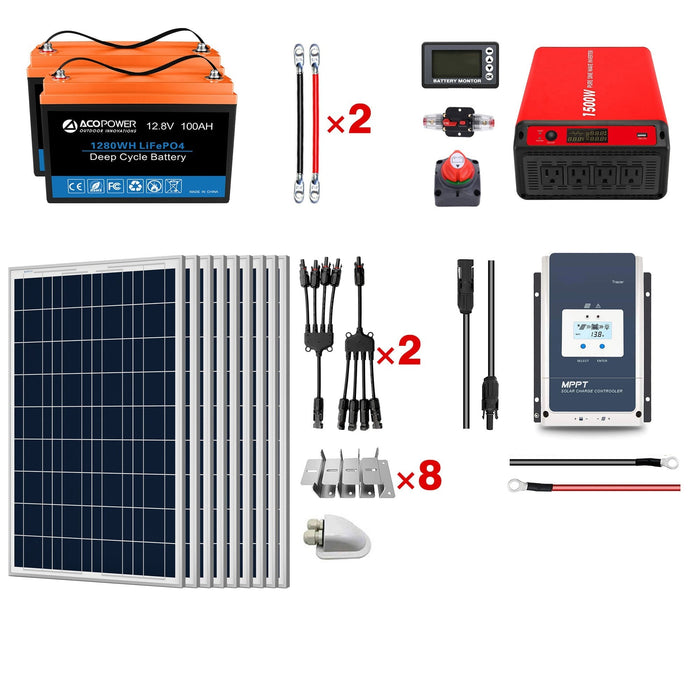 ACOPOWER Lithium Battery Poly Solar Power Complete System with Battery and Inverter for RV Boat 12V Off Grid Kit