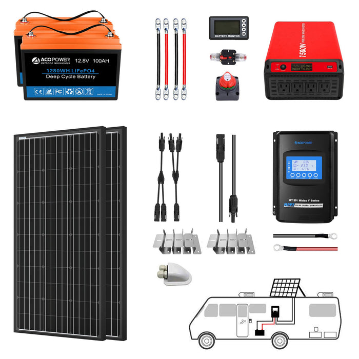 ACOPOWER Lithium Battery Mono Solar Power Complete System with Battery and Inverter for RV Boat 12V Off Grid Kit