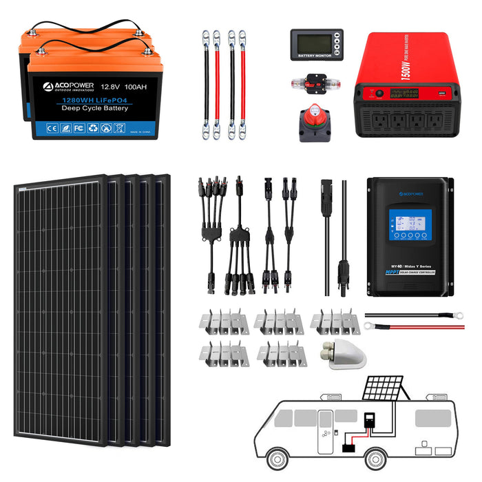 ACOPOWER Lithium Battery Mono Solar Power Complete System with Battery and Inverter for RV Boat 12V Off Grid Kit