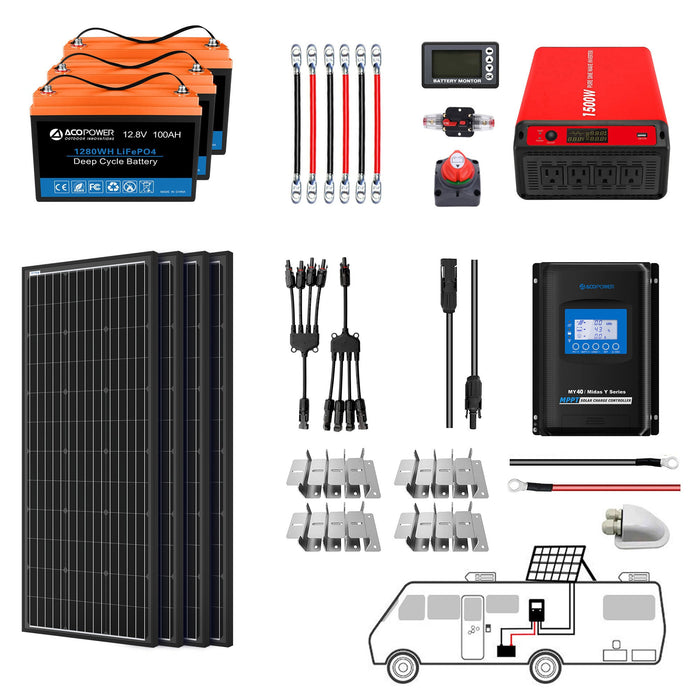 ACOPOWER Lithium Battery Mono Solar Power Complete System with Battery and Inverter for RV Boat 12V Off Grid Kit