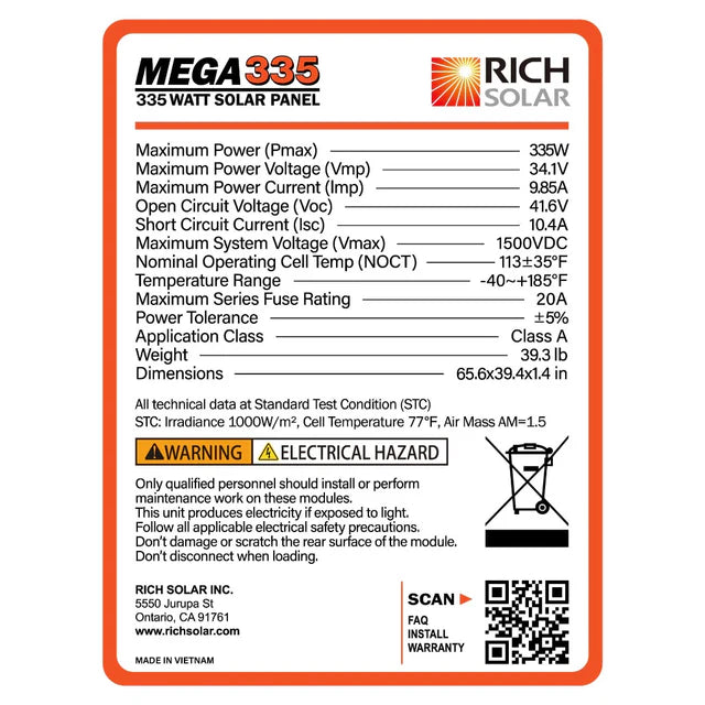 Rich Solar MEGA 335 Watt Monocrystalline Solar Panel | High Efficiency | Best Panel for Grid-Tie and Off-Grid