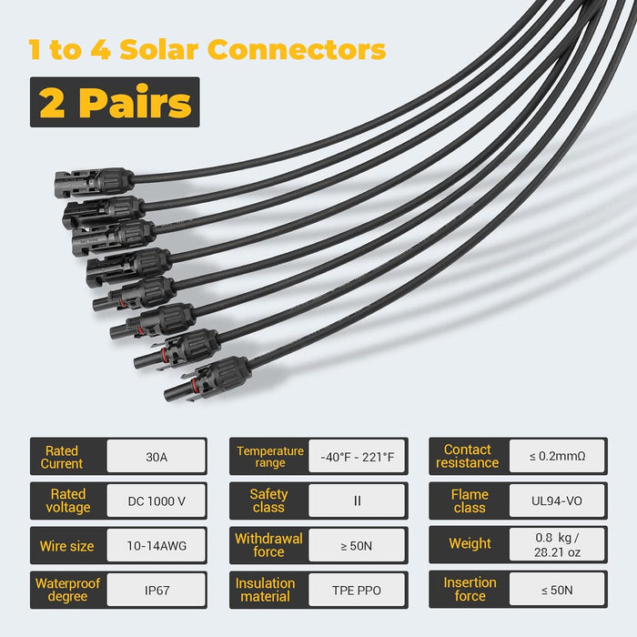 Solar Y Branch Connectors Extra Long Solar Panel Parallel Connectors 1 to 4 Solar Cable Wire Plug Tool Kit (2 Pairs/M/FFFF and F/MMMM)