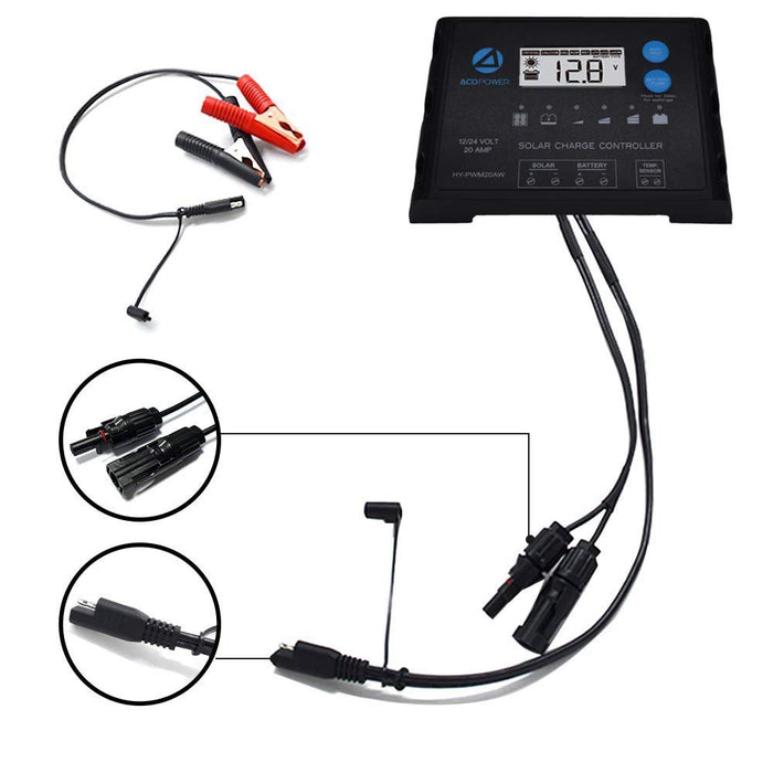 ACOPOWER Waterproof ProteusX 20A PWM Solar Charge Controller with Alligator Clips and MC4 Connectors 