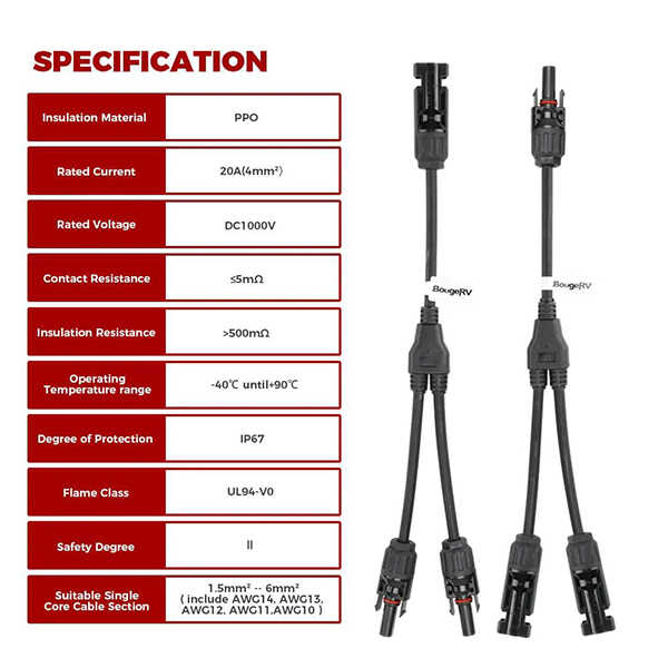 Solar Connectors Y Branch Parallel Adapter Cable Wire