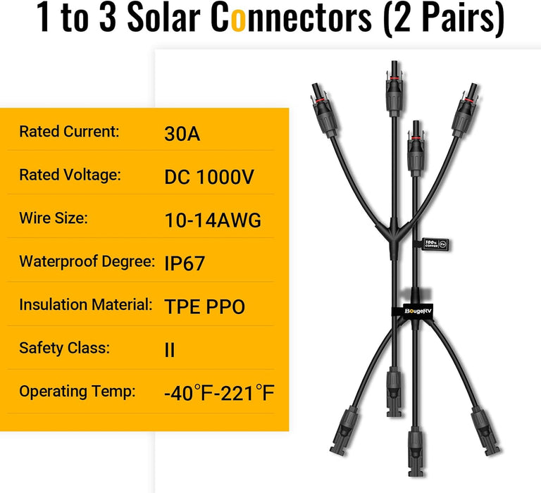 BougeRV Solar Y Branch Connectors Solar Panel Parallel Connectors 1 to 3 Solar Cable Wire Plug Tool Kit (2 Pairs/M/FFF and F/MMM)