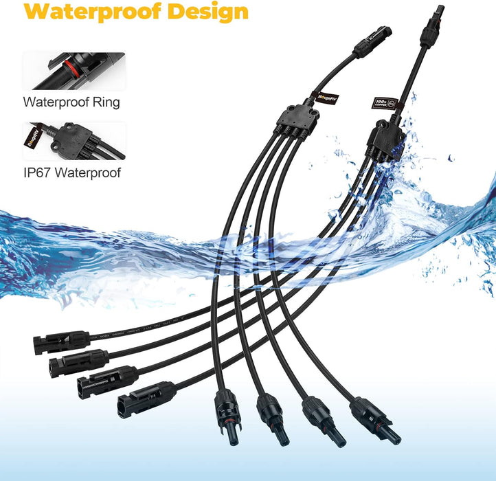 Solar Y Branch Connectors Extra Long Solar Panel Parallel Connectors 1 to 4 Solar Cable Wire Plug Tool Kit (2 Pairs/M/FFFF and F/MMMM)