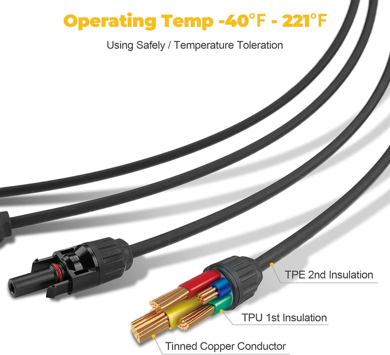 Solar Y Branch Connectors Extra Long Solar Panel Parallel Connectors 1 to 4 Solar Cable Wire Plug Tool Kit (2 Pairs/M/FFFF and F/MMMM)