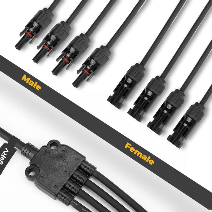 Solar Y Branch Connectors Extra Long Solar Panel Parallel Connectors 1 to 4 Solar Cable Wire Plug Tool Kit (2 Pairs/M/FFFF and F/MMMM)