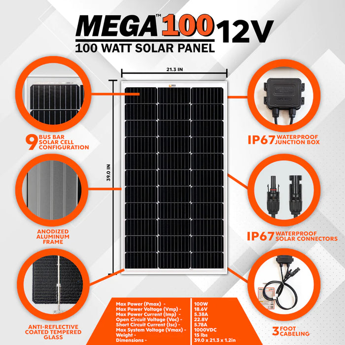 Rich Solar MEGA 100 Watt Monocrystalline Solar Panel | Best 12V Panel for VAN RVs and Off-Grid | UL Certified