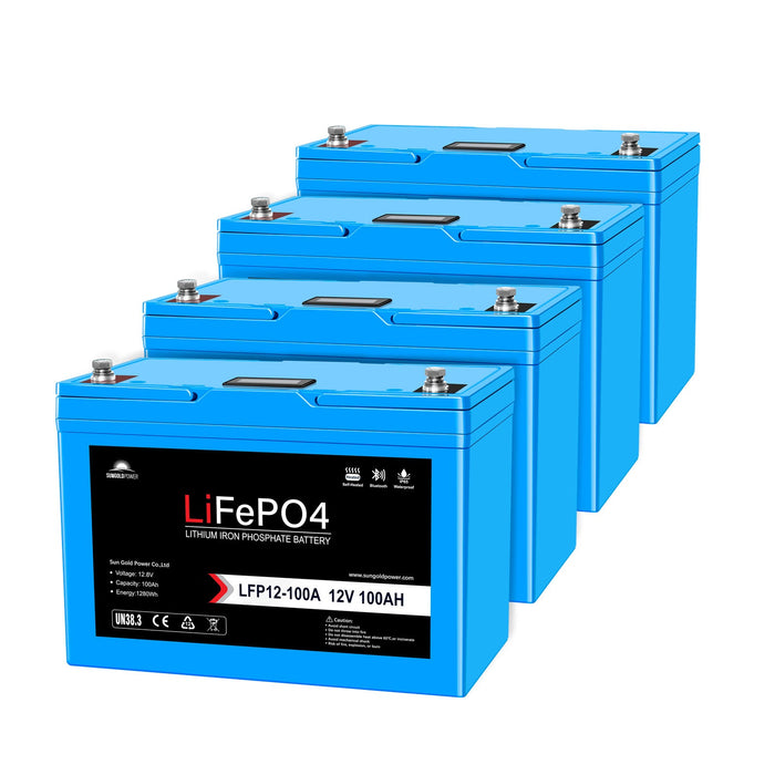 SunGoldPower 4 X 12V 100AH LiFePO4 Deep Cycle Lithium Battery / Bluetooth /Self-heating / IP65