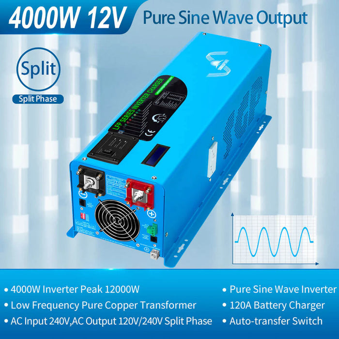 SunGoldPower 4000W DC 12V Pure Sine Split Phase Inverter With Charger