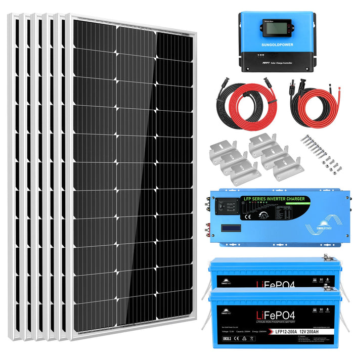 SunGold Power 3000W Off-Grid Solar Kit with 12V Inverter, LifePO4 Battery & 600W Solar Panels