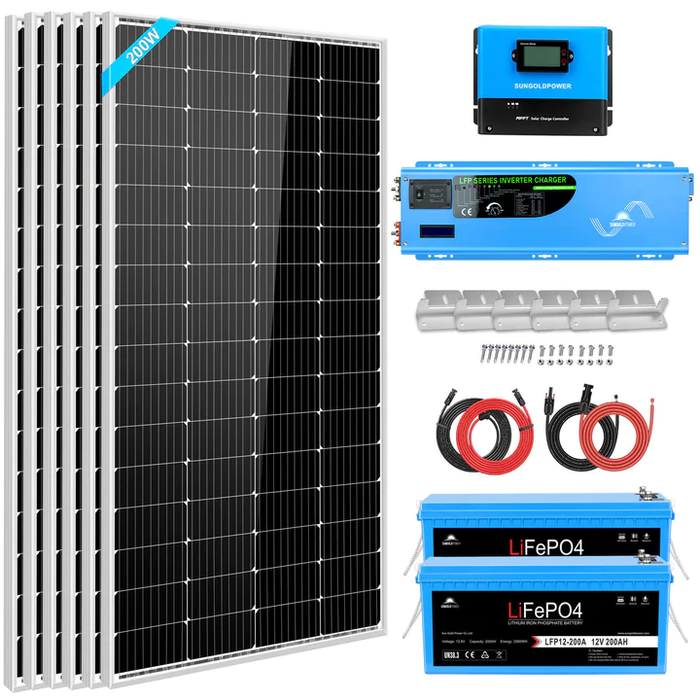 SunGoldPower Off Grid Solar Kit 4000W Inverter 12VC 120V/240V LiFePO4 Battery 1200 Watt Solar Back Up