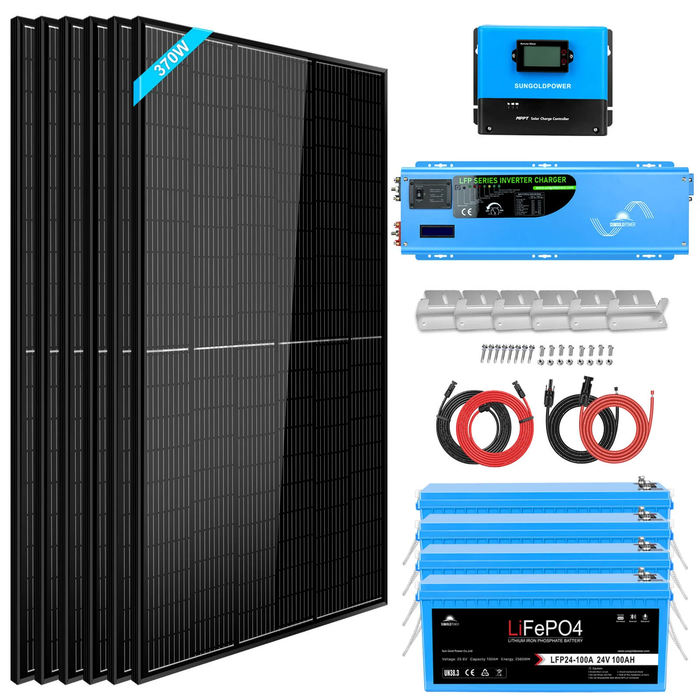 SunGoldPower Off Grid Solar Kit 6000W 24VDC 120V/240V LifePO4 10.24KWH Lithium Battery 6 X 370 Watt Solar Panels