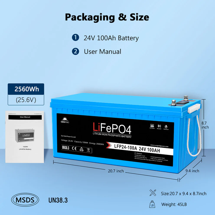 SunGoldPower 24V 100AH LiFePO4 Deep Cycle Lithium Battery