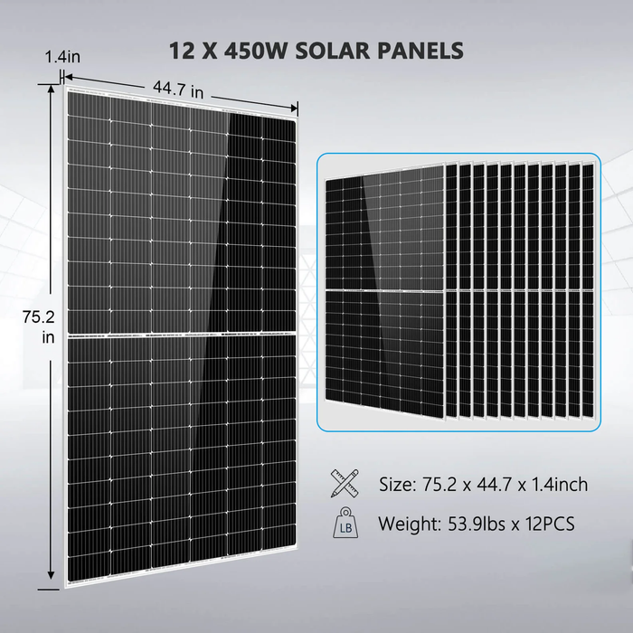 SunGoldPower Off Grid Solar Kit 10000W 48VDC 120V/240V LifePO4 20.48KWH Lithium Battery 12 X 450 Watts Solar Panels