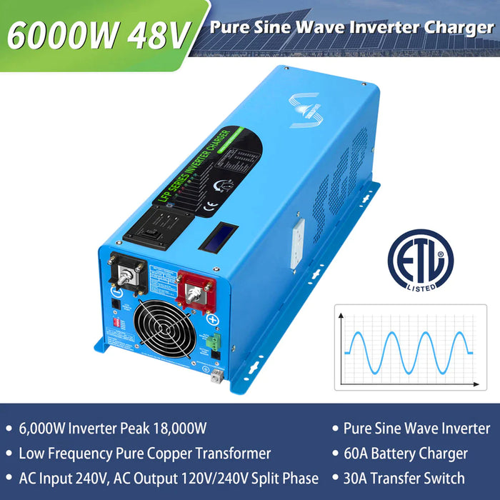 SunGoldPower Off Grid Solar Kit 6000W 48VDC 120V/240V LiFePO4 10.48KWH Server Rack Lithium Battery 8 X 370 Watts Solar Panels
